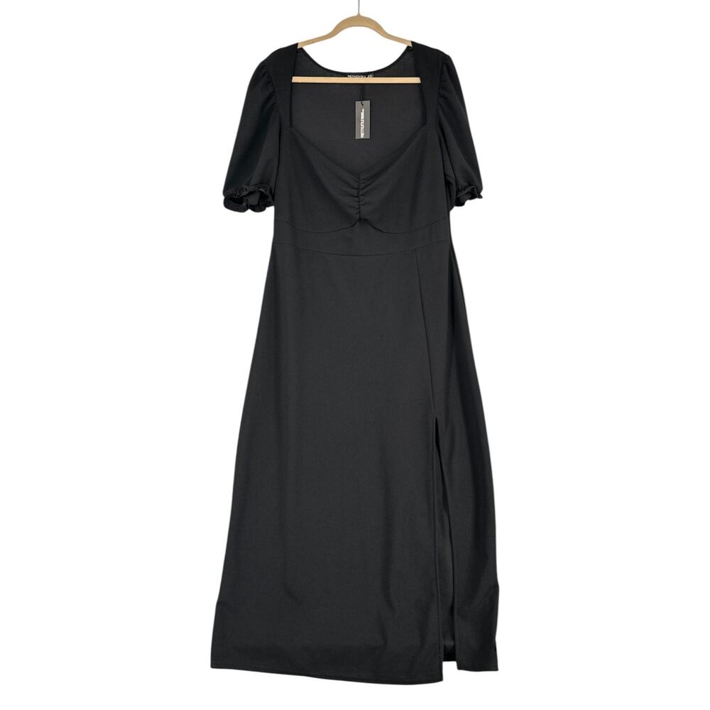 PrettyLittleThing Black Short Puff Sleeves Side Slit Maxi Dress Size USA 14